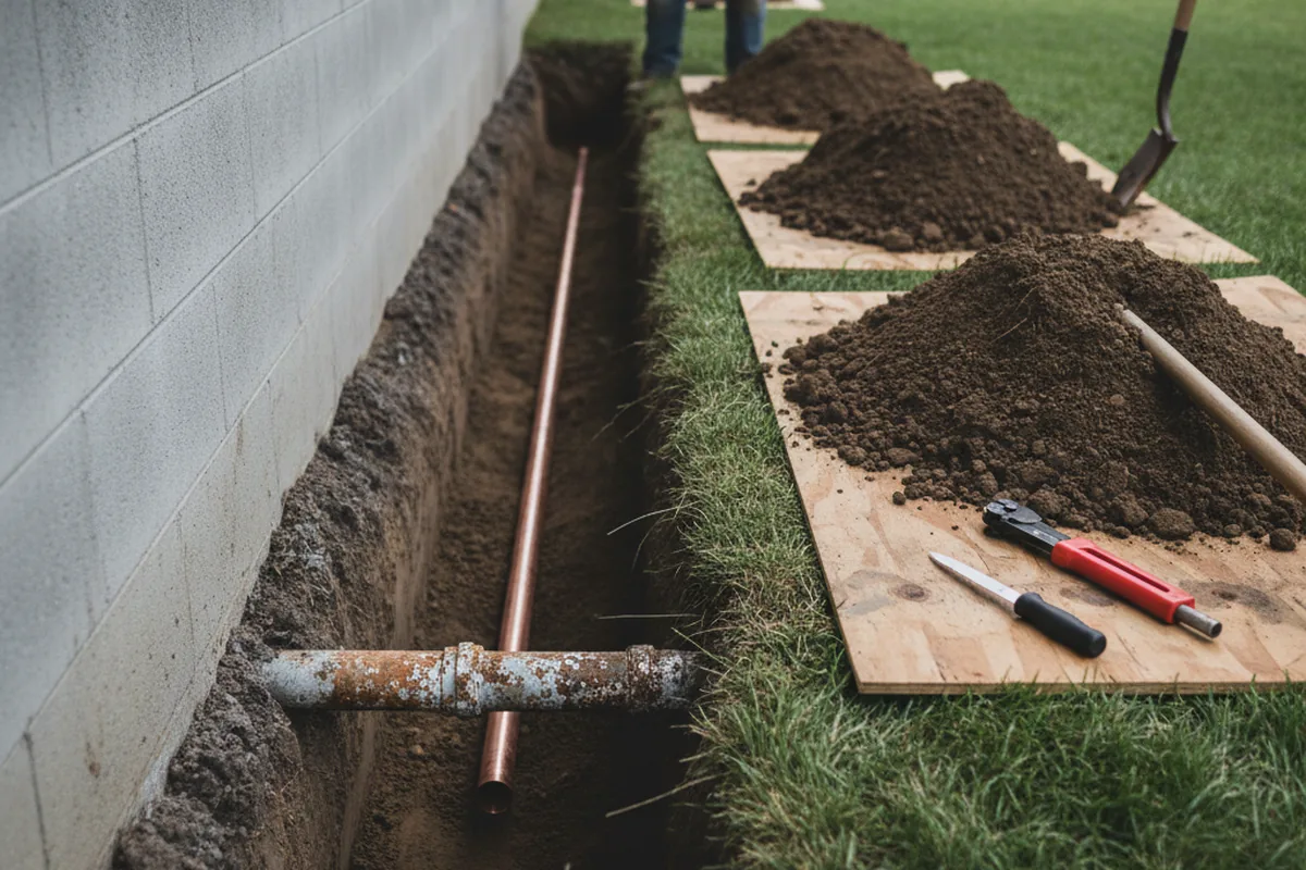 Excavated water line trench during Sewer Line Repair in Pitman